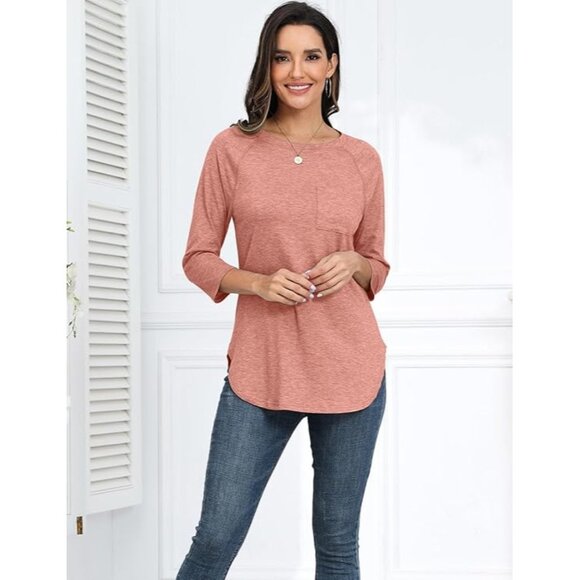 Sherosa Tops - Sherosa Top 3/4 Length Sleeve Crewneck Basic Loose Fit Tunic shirt XL Coral NEW